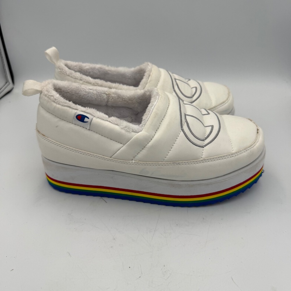 Champion Women White Quilted Platform Slip On Sneakers Rainbow Faux Fur Size 7